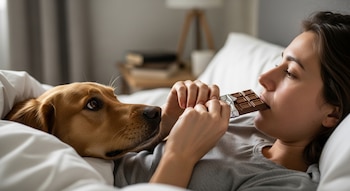 Una persona en la cama come una barra de chocolate. A su lado, un perro dorado la mira fijamente.