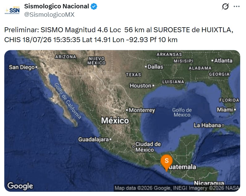 Sismo de magnitud 4.6 en Huixtla, Chiapas este 18 de julio. (X/ @SismologicoMX)