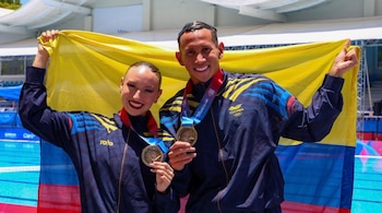 La dupla brilló en el Centro Acuático Juan Pablo Duarte para conseguir la medalla de oro en la natación artística-crédito Comité Olímpico Colombiano