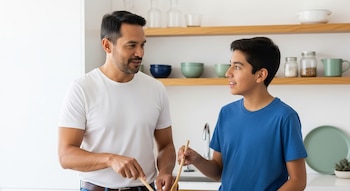 Un hombre y un adolescente cocinan en una cocina moderna. El hombre, con camiseta blanca, sujeta una cuchara de madera mientras habla con el joven, de remera azul.