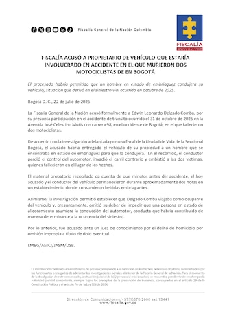 La Fiscalía General de la Nación acusó a Edwin Leonardo Delgado Comba por el accidente de tránsito ocurrido el 31 de octubre de 2025 en el occidente de Bogotá - crédito Fiscalía
