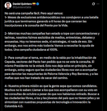 Daniel Quintero anunció que participará