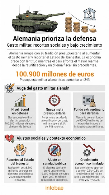 Infografía con tanque militar, pilas de monedas, un edificio con grietas, un icono de caja fuerte, un corazón roto, gráficos y textos sobre gasto y economía de Alemania.