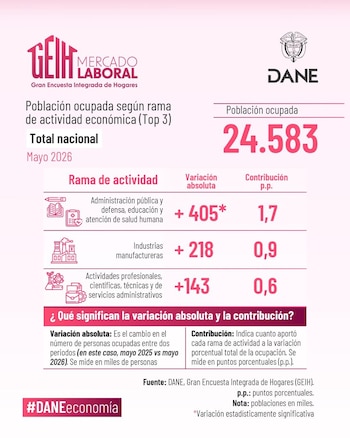 Administración pública, educación y salud lideraron el aumento del empleo en Colombia, mientras comercio y reparación de vehículos registraron la mayor caída - crédito Dane