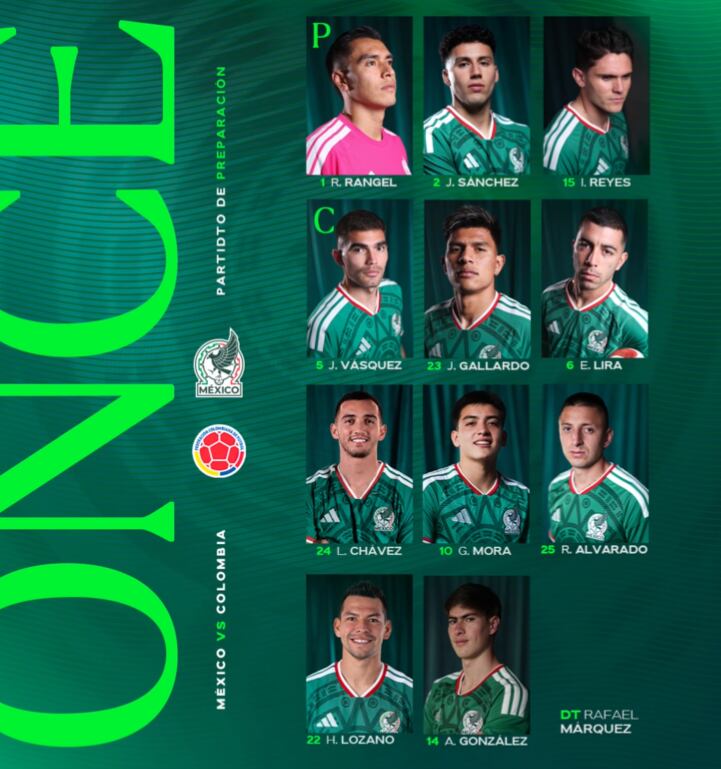 Alineación titular de México contra Colombia. (X/ @miseleccionmx)