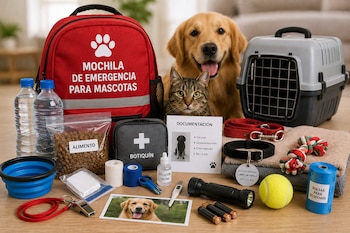 Mochila roja emergencia, perro, gato, transportín, botiquín, agua, alimento, tazón, correas, collar, documentos, linterna, juguetes, bolsas desecho