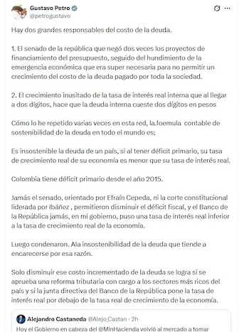 El presidente Gustavo Petro reactivó el debate sobre el costo de la deuda pública al señalar a distintas instituciones como actores clave en el encarecimiento del financiamiento del Estado - crédito @petrogustavo/X