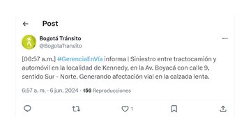 Las autoridades ya se encuentran atendiendo el incidente en el suroccidente de Bogotá - crédito @BogotaTransito/X