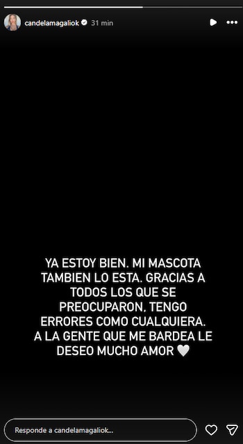 El posteo de Candela. "A la gente que me bardea, le deso mucho amor"