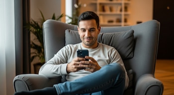 Hombre caucásico con suéter gris y jeans azules sentado en un sillón gris oscuro, sonriendo mientras mira y sostiene un teléfono celular negro.