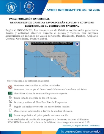 Aviso informativo del INSIVUMEH sobre los remanentes de la depresión tropical Cristina, que advierte lluvias y actividad eléctrica en Guatemala y recomienda a la población no cruzar ríos crecidos (Cortesía Conred).