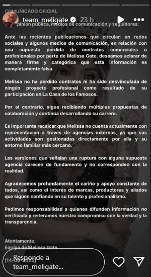 Equipo de Melissa Gate desmintió que la paisa perdiera oportunidades por su comportamiento en redes sociales y periodistas - crédito @rechismes/IG