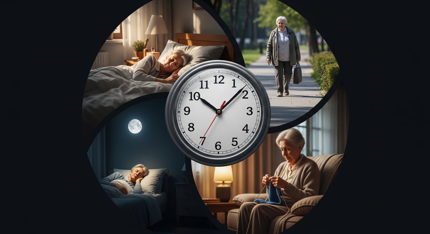 En un collage visual, una mujer mayor es retratada realizando diferentes actividades cotidianas: caminando al aire libre, tejiendo en casa y durmiendo durante la noche y el día. Un reloj analógico en el centro simboliza la importancia de la gestión del tiempo y los hábitos saludables en la tercera edad. (Imagen Ilustrativa Infobae)
