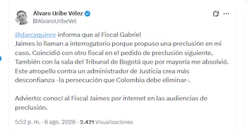 El expresidente Álvaro Uribe Vélez informó sobre el llamado a interrogatorio que se hizo al fiscal Gabriel Jaimes - crédito @AlvaroUribeVel/X