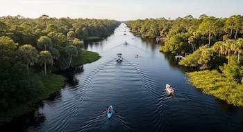 Fotografía aérea de un río ancho rodeado de árboles y palmeras. Varias lanchas a motor y kayaks con personas navegan por el agua tranquila.