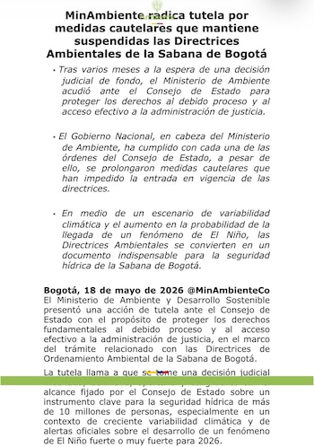 En el comunicado, MinAmbiente aseguró que ya cumplió las órdenes judiciales y pidió una decisión de fondo sobre las directrices ambientales. - crédito MinAmbiente