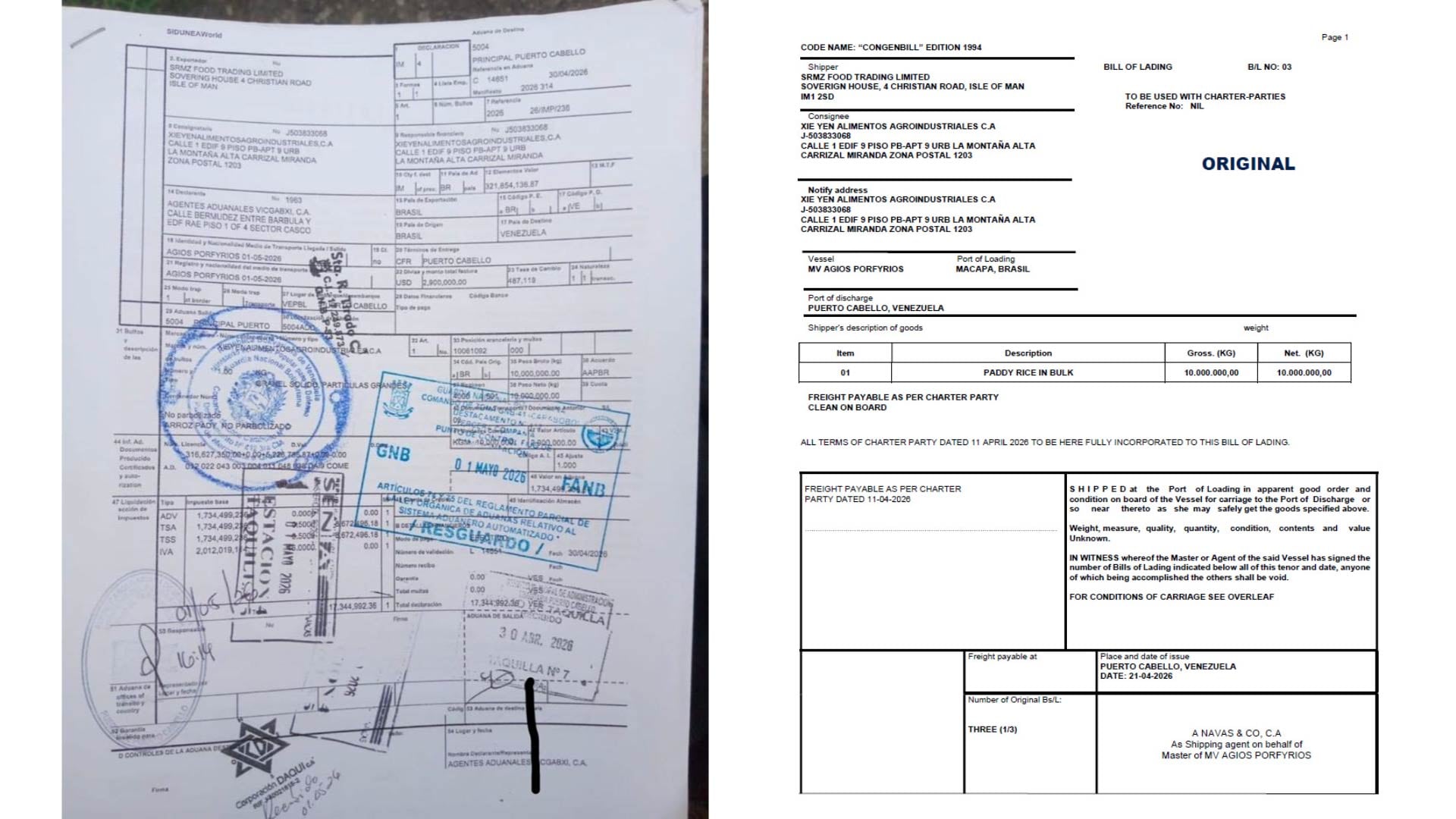 Documentos obtenidos por Infobae revelan detalles de la importación masiva de arroz a Venezuela, incluyendo el embarque desde Brasil, beneficios fiscales otorgados por el Estado y registros aduaneros procesados en Puerto Cabello.