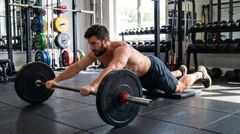 Hombre sin camiseta en un gimnasio realizando un ejercicio de rodillo abdominal con una barra sobre un suelo de baldosas de goma negras.