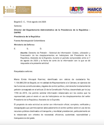 Representante Marco Emilio Hincapié pidió explicaciones sobre helicóptero presidencial