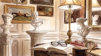 Ilustración de un salón con bustos clásicos, varios cuadros enmarcados, una lámpara de pie, una mesa con un libro abierto, gafas, tazas y libros.