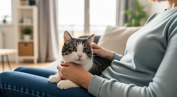 Gato adulto blanco y negro sentado en el regazo de una persona que lo acaricia. La persona viste jeans azules y un suéter claro. Fondo de sala de estar luminosa.