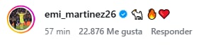 El Dibu Martínez reaccionó al posteo de Messi con tres emojis, una cabra, una llama de fuego y un corazón rojo, en los comentarios de Instagram