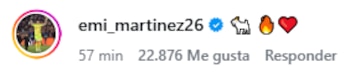 El Dibu Martínez reaccionó al posteo de Messi con tres emojis, una cabra, una llama de fuego y un corazón rojo, en los comentarios de Instagram