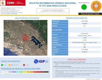 Boletín sísmico nacional muestra un mapa del epicentro en Puno, tabla de parámetros sísmicos, escalas de magnitud e intensidad, y recomendaciones