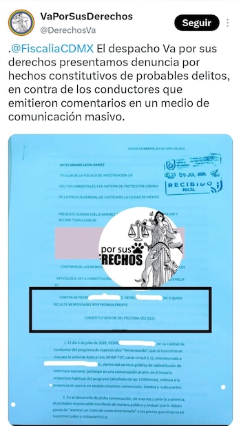 Captura de pantalla de un tuit con una denuncia de la ONG Va por sus Derechos, que muestra un documento legal con un sello de recibido fiscal