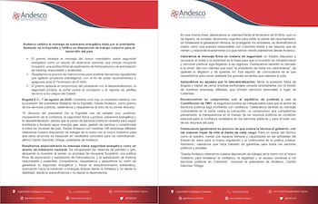 Andesco respaldó decisiones urgentes para evitar racionamientos por El Niño mediante generación térmica, protección de embalses y diversificación de la matriz energética - crédito @Andesco1/X