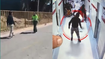Composición con un agente y un civil en la vía pública junto a una toma de vigilancia de un hombre en un pasillo hospitalario