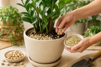 Manos esparciendo cáscaras de pistache trituradas en una maceta beige con una planta verde, junto a recipientes con pistaches.