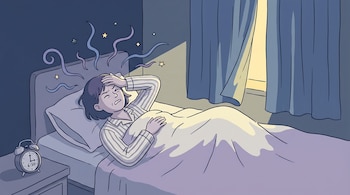 Ilustración de persona acostada en la cama con pijama y una mano en la frente, líneas onduladas y estrellas sobre la cabeza, despertador marcando 6:30.