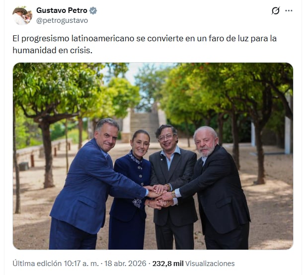 El presidente Petro se reunió con los mandatarios Yamandú Orsi (Uruguay), Claudia Sheinbaum (México) y Luiz Inácio Lula Da Silva (Brasil) - crédito @petrogustavo/X