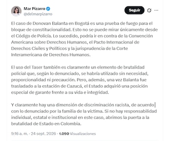 La congresista María del Mar Pizarro cuestionó el procedimiento policial en el que murió Donovan Balanta - crédito @delmarpizarro/X