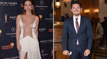 Díptico que muestra a Paula Varela con vestido blanco a la izquierda y a Guido Záffora con traje azul a la derecha.