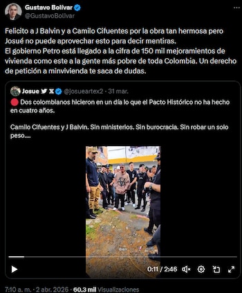 Gustavo Bolívar destacó mejoramientos de vivienda del Gobierno Petro y respondió a comparaciones en redes - crédito @GustavoBolivar/X