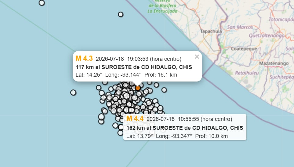 Sismo de magnitud 4.3 en Ciudad Hidalgo, Chiapas este 18 de julio. (Servicio Sismológico Nacional)