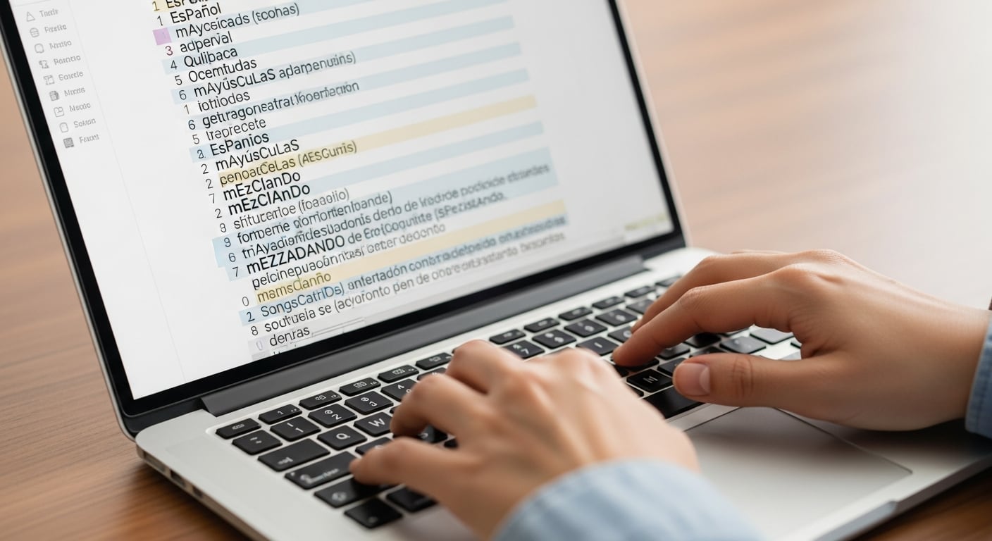 Una persona escribe en un ordenador portátil, donde el texto en pantalla muestra palabras en español que combinan mayúsculas y minúsculas, representando una forma de escritura. (Imagen Ilustrativa Infobae)
