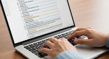 Vista aérea de manos escribiendo en el teclado de un portátil abierto; la pantalla muestra texto en español con una mezcla distintiva de mayúsculas y minúsculas.