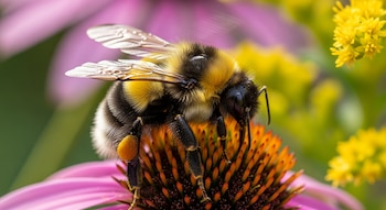 Abejorro de cuerpo peludo amarillo y negro sobre una flor de pétalos púrpuras y centro naranja, con polen naranja en una pata.