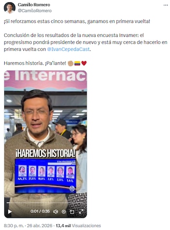 Camilo Romero celebró resultados de encuesta y llamó a fortalecer campaña progresista - crédito @CamiloRomero/X