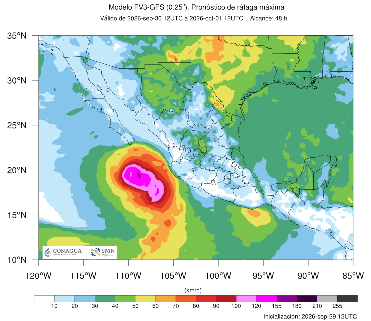 El Servicio Meteorológico Nacional emite un mapa con el pronóstico de ráfagas máximas de viento superiores a 120 kilómetros por hora frente a la costa del Pacífico de México. (Conagua Clima)