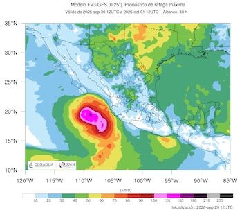 Mapa meteorológico del territorio mexicano con gradientes de color que representan la velocidad del viento y logotipos institucionales en la base