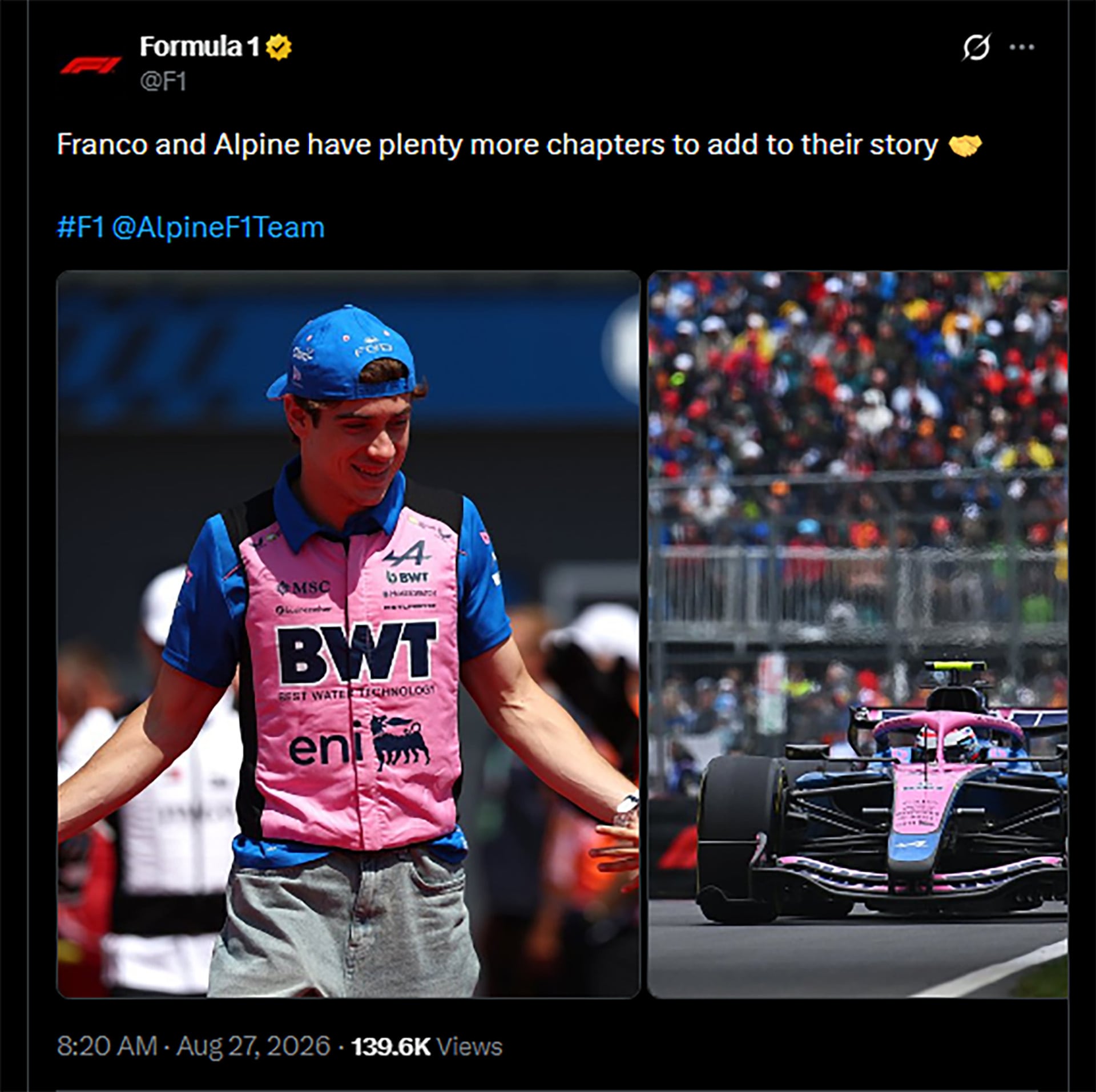 Una publicación en redes sociales de la Fórmula 1 señala la relación entre el piloto argentino Franco Colapinto y la escudería Alpine en el Gran Premio de los Países Bajos.