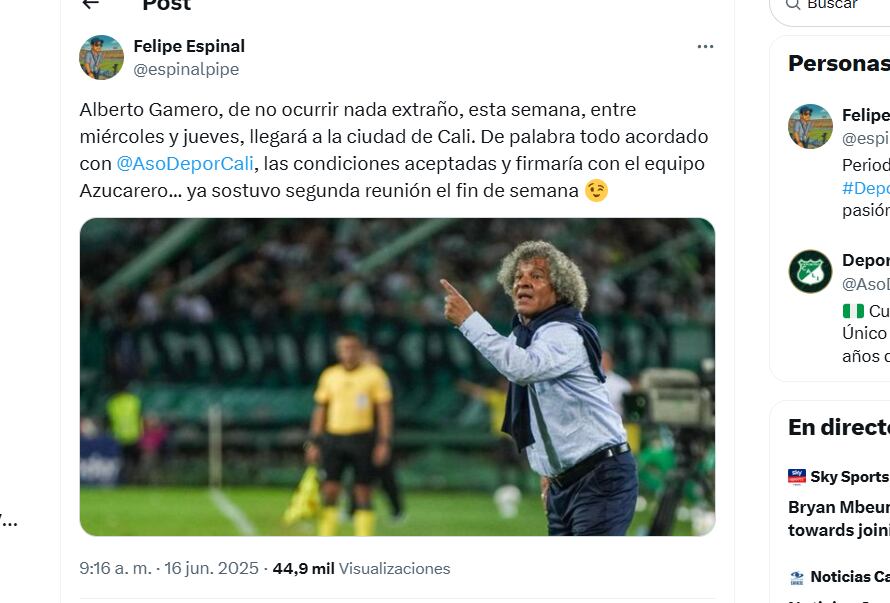Post donde se confirma la llegada de Alberto Gamero al Deportivo Cali