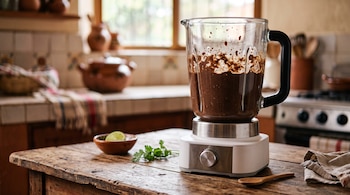 Licuadora de vidrio con salsa oscura sobre una mesa de madera, junto a medio limón, cilantro y una cuchara de madera.
