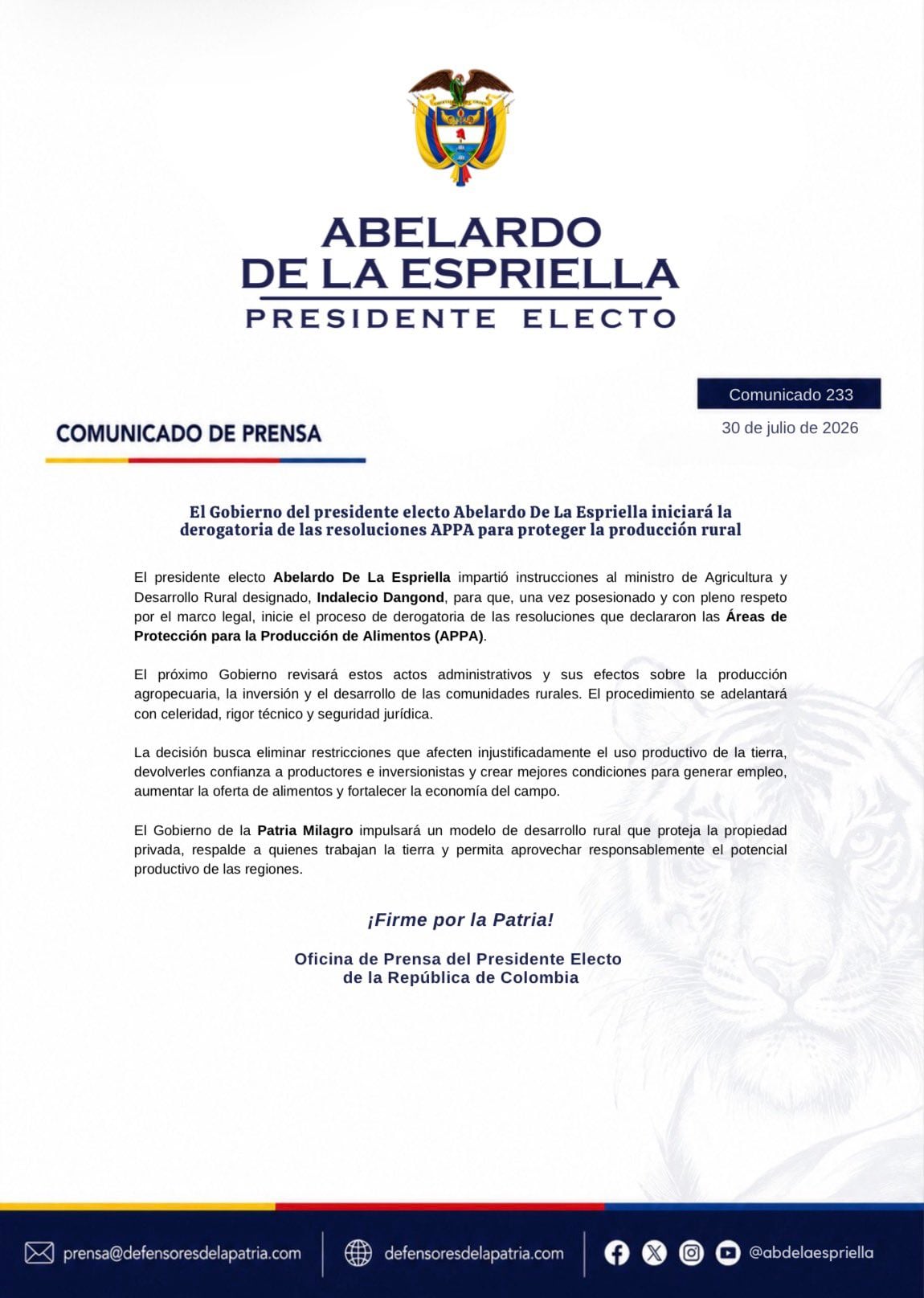 El Gobierno de Abelardo de la Espriella anunció que derogará las Appa para eliminar restricciones que afecten el uso de la tierra - crédito @defensoresco/X