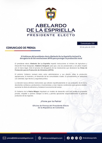 El Gobierno de Abelardo de la Espriella anunció que derogará las Appa para eliminar restricciones que afecten el uso de la tierra - crédito @defensoresco/X