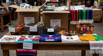 Vista de una mesa de madera con artesanías mexicanas auténticas: molcajetes de piedra, huipiles y textiles bordados con etiquetas. Al fondo, cajas de cartón con imitaciones importadas.